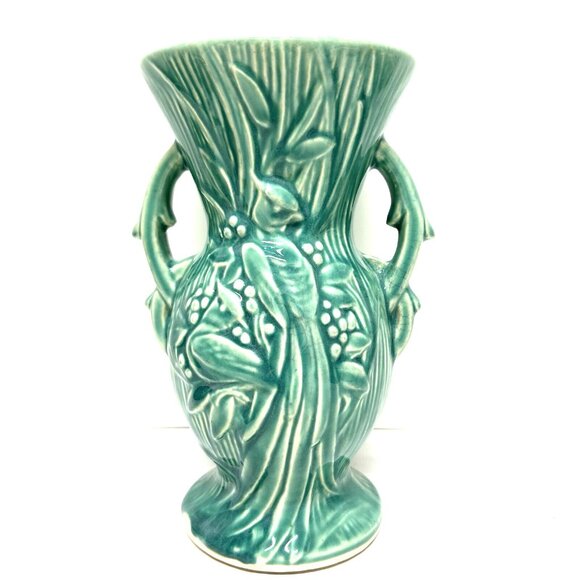 Vintage McCoy Bird of Paradise Floral Raised 3D Teal Aqua Turquoise Vase Signed - Picture 4 of 11